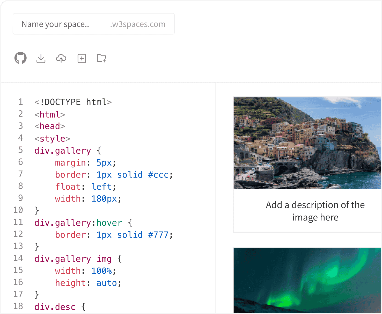 W3Schools Spaces IDE interface showing HTML and CSS code editor
