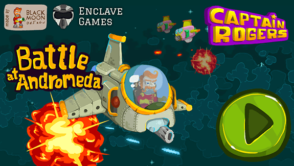 Captain Rogers: Battle at Andromeda - Cover des Spiels mit den Logos Enclave Games und Blackmoon Design, Roger's Raumschiff und Titel des Spiels.