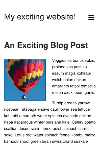 モバイルファースト対応の出発点。単一の列のレイアウトで、上部にロゴとハンバーガーメニューアイコンを配置。その下に最上位見出しを配置し、続いてテキストコンテンツとフローティング画像を表示。