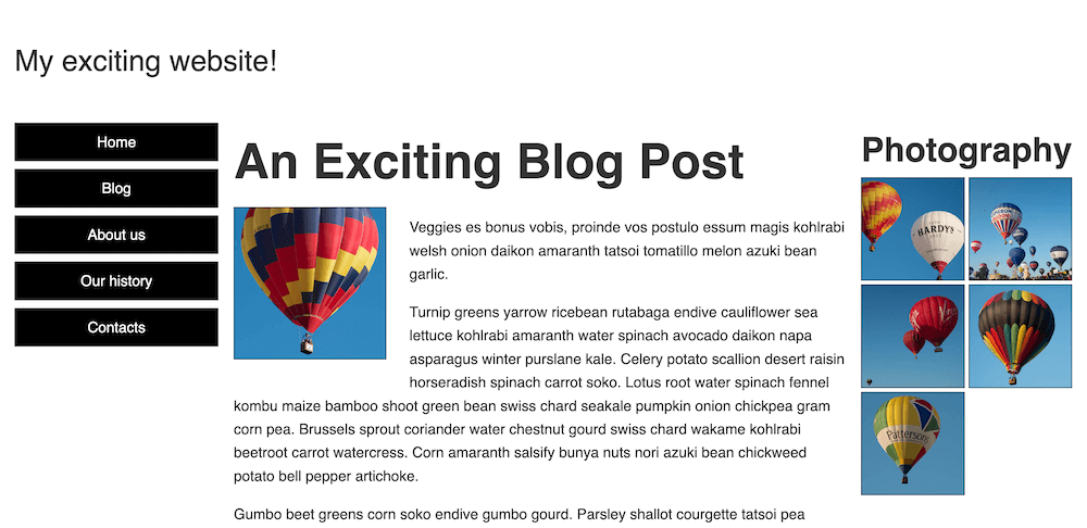 RWD 課題のウェブサイトの広い画面のレイアウトの完成例。上部にはロゴ、続いて 3 段組み:左側に縦型ナビゲーションメニュー、中央にテキストコンテンツ、右側に写真ギャラリーを配置。