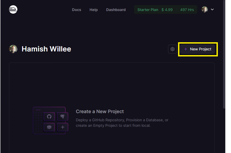 Railway Website-Dashboard mit neuer Projekt-Schaltfläche