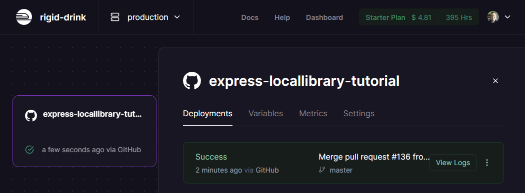 Railway-Dashboard mit Bereitstellungsregisterkarte für das bereitgestellte Projekt