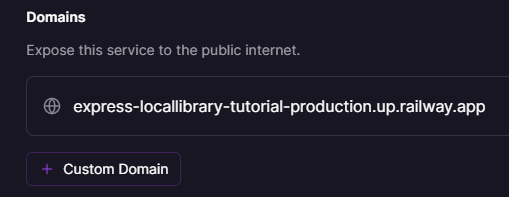 Railway-Projekteinstellungen-Registerkarte mit einem Link zur Local Library-Seite
