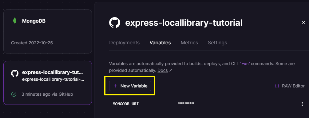 Railway variablen Registerkarte mit hervorgehobenem New Variable Knopf