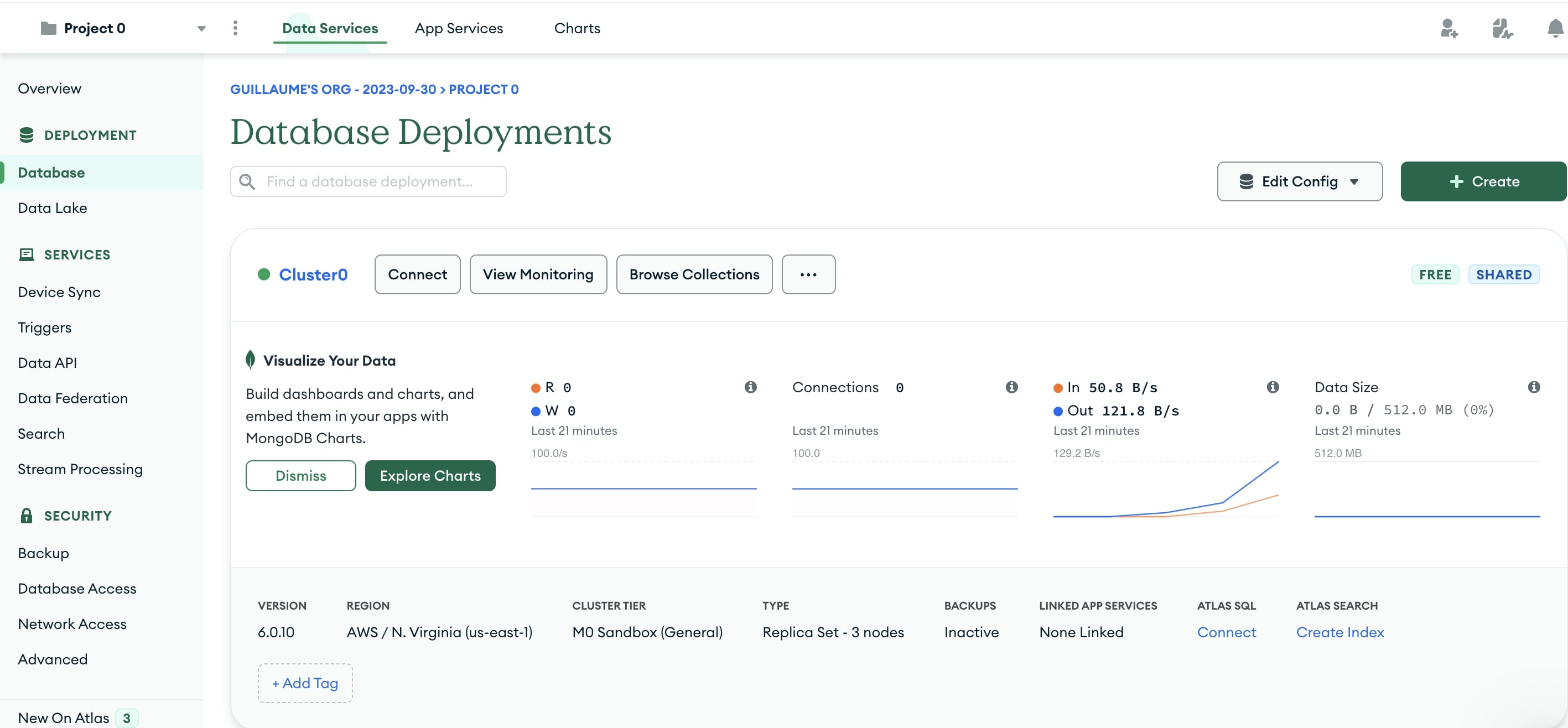 Einrichten einer Sammlung auf MongoDB Atlas.