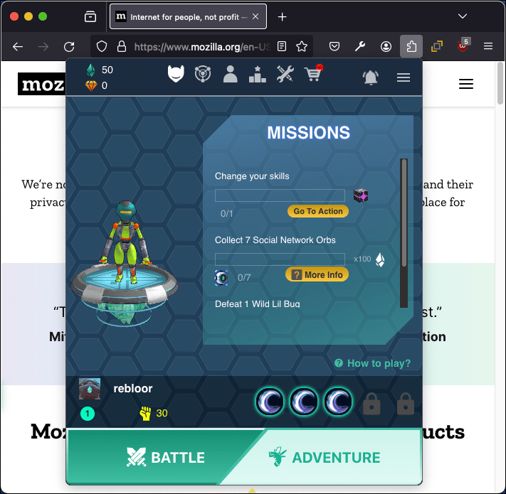 Das Dedalium-Popup zeigt den Spielstatus und bietet Optionen, um einen Kampf oder ein Abenteuer zu starten.