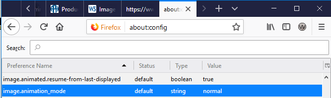 Screenshot des ausgewählten image.animation.mode in Firefox