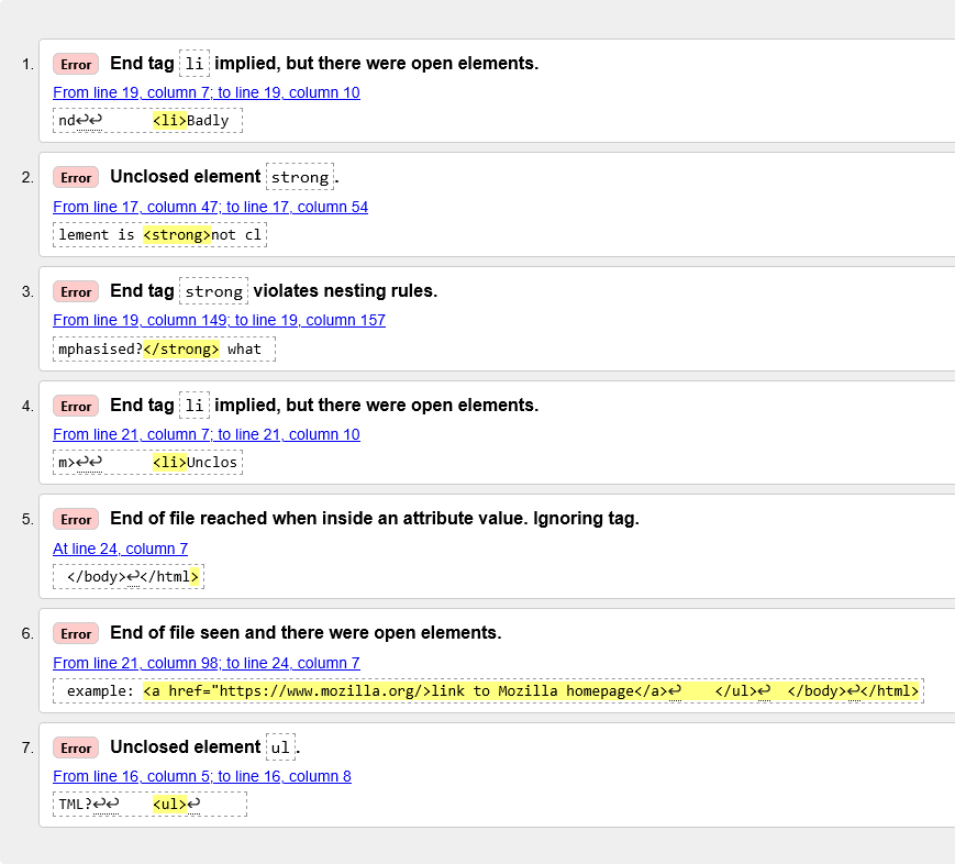 La liste des résultats de la validation de HTML par le service de validation du W3C.
